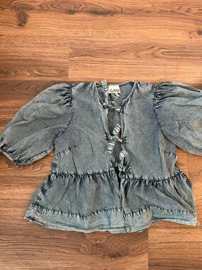 GANNI Denim Puff-Sleeve Top in Faded Blue
